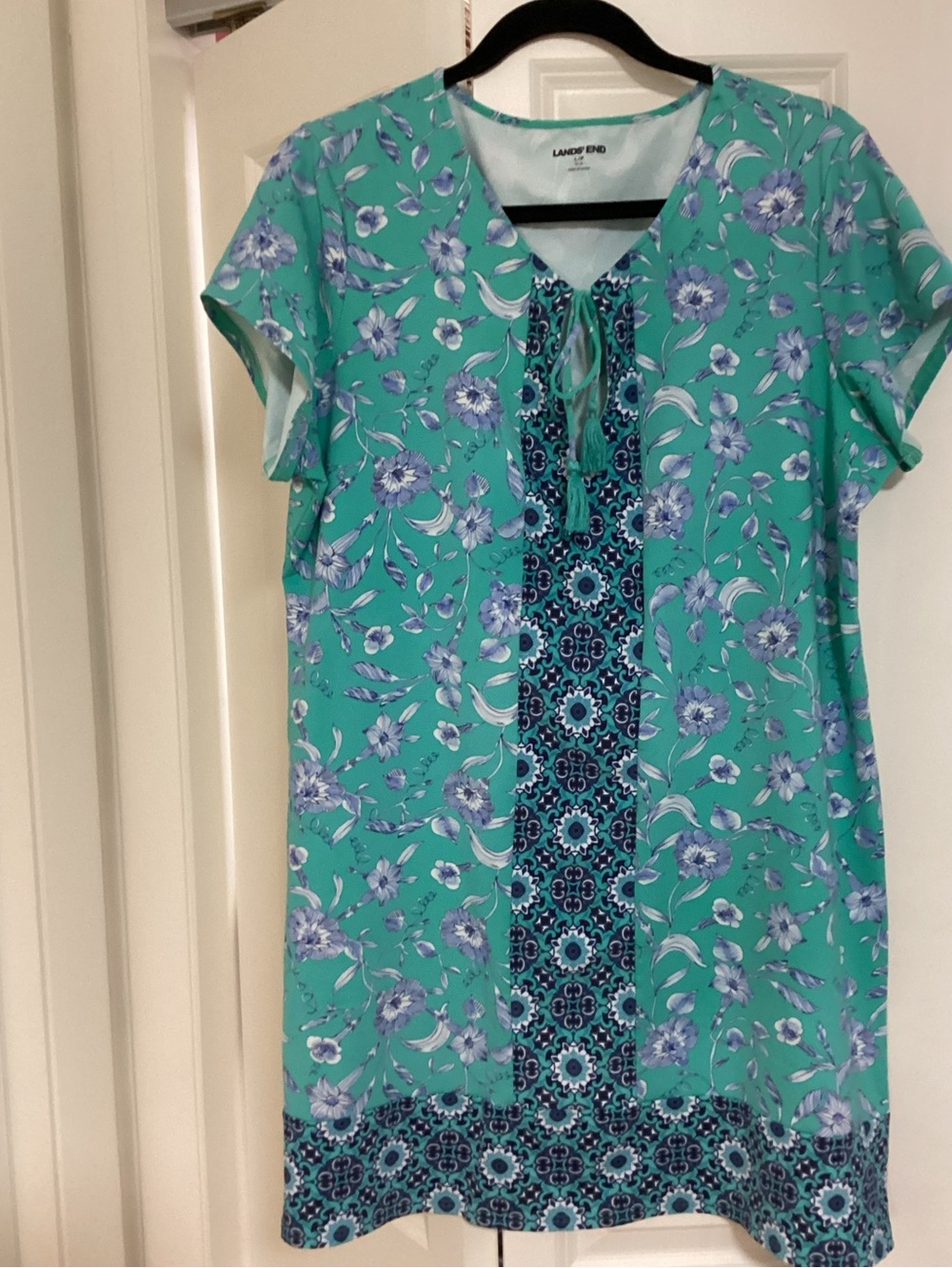Lands' End green and blue floral shift dress keyhole neckline w/ tie detail